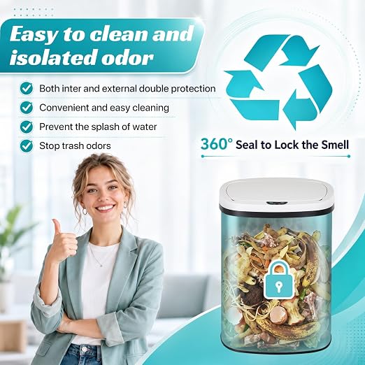 BLKMTY 13 Gal Trash Can with Lid, Motion Sensor Garbage Can, White | Stainless Steel Garbage Cans, 50 L Automatic Touchless Kitchen Trash Cans, High Capacity, for Home Office Bathroom
