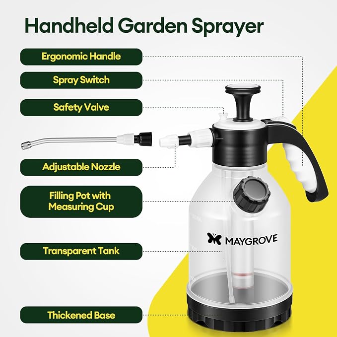 MAYGROVE 50oz Pump Sprayer, Hand Water Spray Bottle | Clear Plant Sprayer with Side Filling Port, Measuring Cup, Adjustable Nozzles, Safe Pressure Relief Valve for Indoor Plant