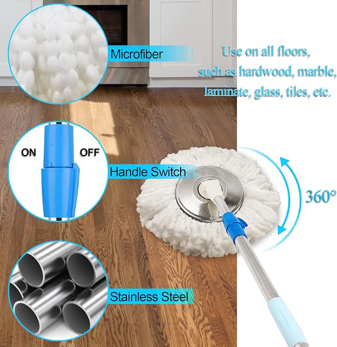Spin Mop and Bucket System with Stainless Steel Wringer, 3 Mop Heads | Microfiber Spin Mop and Bucket System with Stainless Steel Wringer, 3 Mop Heads & 61" Telescoping Handle