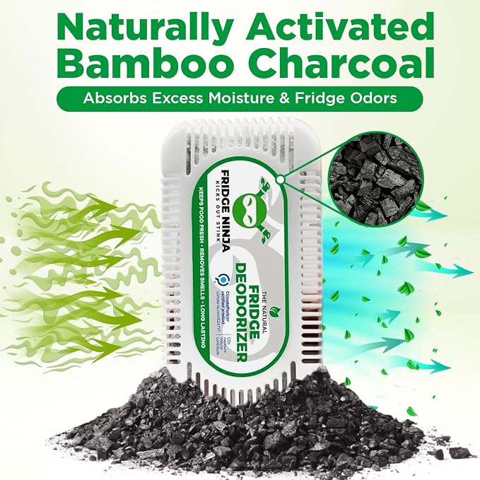 Fridge Ninja Fridge Deodorizer, More Effective Than Baking Soda, 2 Pack | Natural & Unscented Activated Charcoal Refrigerator Deodorizer & Odor Eliminator for Freezers, Coolers, & Lunch Boxes