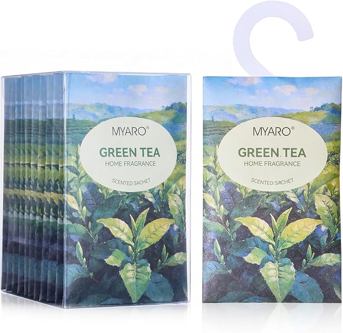 MYARO 12Pcs Green Tea Sachets Hanging Car Air Freshener, Closet Deodorizer | Long-Lasting Sachet Bags, Odor Eliminator for Closet, Drawer, Bathroom, Clothes, Fabric Refresher, Home Fragrance Gift Set