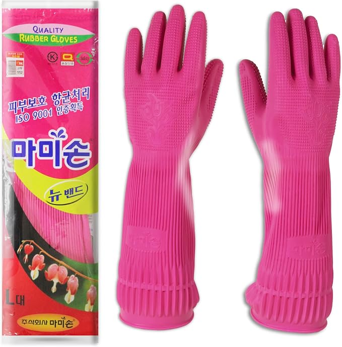 Kitchen Rubber Gloves New Band, 1 Pair, Large, Made in Korea | Korean natural latex, long cuff, thick and durable, textured non-slip grip, for dishwashing and kitchen cleaning