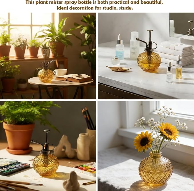 OFFIDIX Glass Plant Mister, 10 oz Vintage Small Glass Spray Bottle Brown | 300ml Glass Spray Bottle, Refillable Empty Watering Can Bottle, Fine Mist Cleaning Pet, Hair Mister, Gardening spritzer