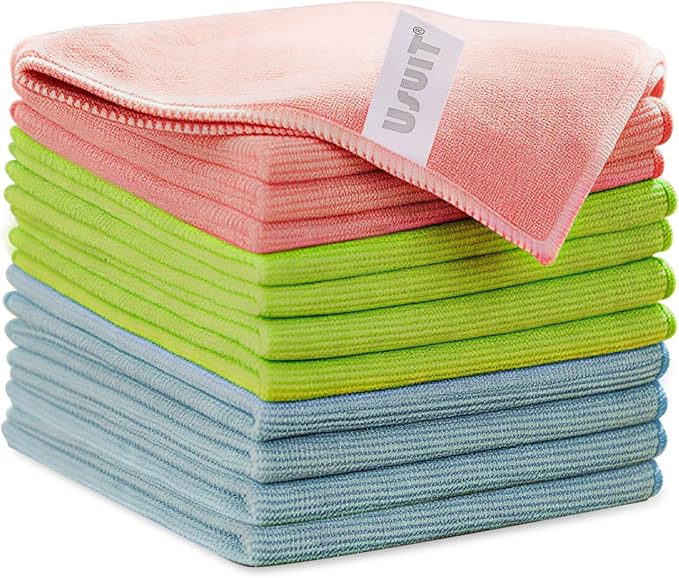 Microfiber Cleaning Cloths, Ultra-Soft and Highly Absorbent, Streak-Free, Lint-Free, Scratch-Free, Washable, for Car Detailing and Glass Cleaning,12" x 12", Green/Blue/Pink, 12-Pack