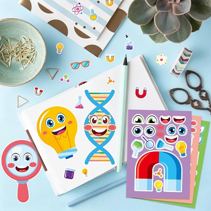 24 Sheets Science Make a Face Stickers, Make Your Own Science Stickers Mix and Match Sticker for Home School Classroom Crafts Activities Reward Birthday Party Favors