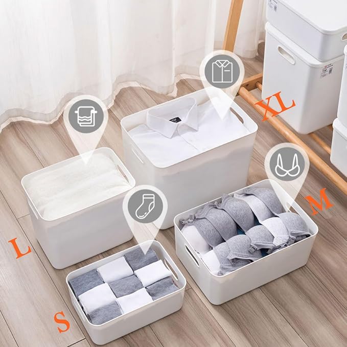 5 pack large plastic White storage bins with Lids, Toy Box Chest with Handle，Organizer Containers Baskets for Baby,Nursery，Shelves，Playroom, Bedroom，Office,Closet，home (White, 5L)