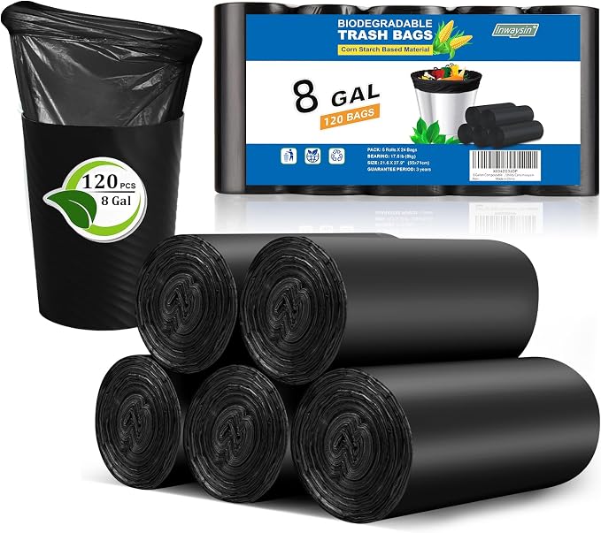 8 Gallon Compostable Trash Bags - Unscented Black Garbage Bag 120 Count Heavy Duty Super Leakproof & Extra Thick Wastebasket Liners for Large Kitchen/Utility Cans Inwaysin