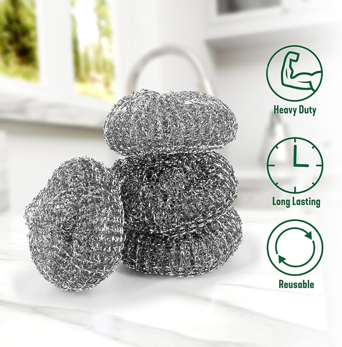 Pine-Sol Heavy-Duty Stainless Steel Scrubbers | Won’t Rust or Splinter | Scrub Sponges for Cast Iron, Oven Racks, Grills, 4 Pack