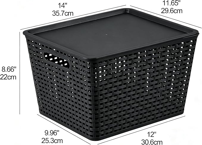 6 Pack Large Plastic Storage Baskets Bins with Lid, Black | Stackable Storage Basket Organizer Bins with Lids for Organizing Shelves Pantry Closet, 14"x 11.65"x 8.66"