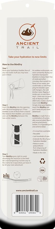 BōnDry Hydration Bladder Dryer - Patented USA-Made Insert for Hydration Packs, Reservoirs, Water Bladders & Containers with Poor Airflow