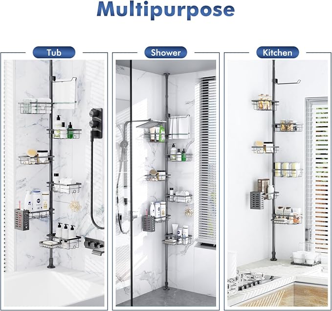 Shower Caddy Organizer Tension Pole, Corner Shower Shelves Bathroom Storage | 6 Tier Shelf, Rustproof 30-120’’ Adjustable, Towel Bar&Soap Dish for Bathroom Organizers, Shower Rack for Inside Shower,Black