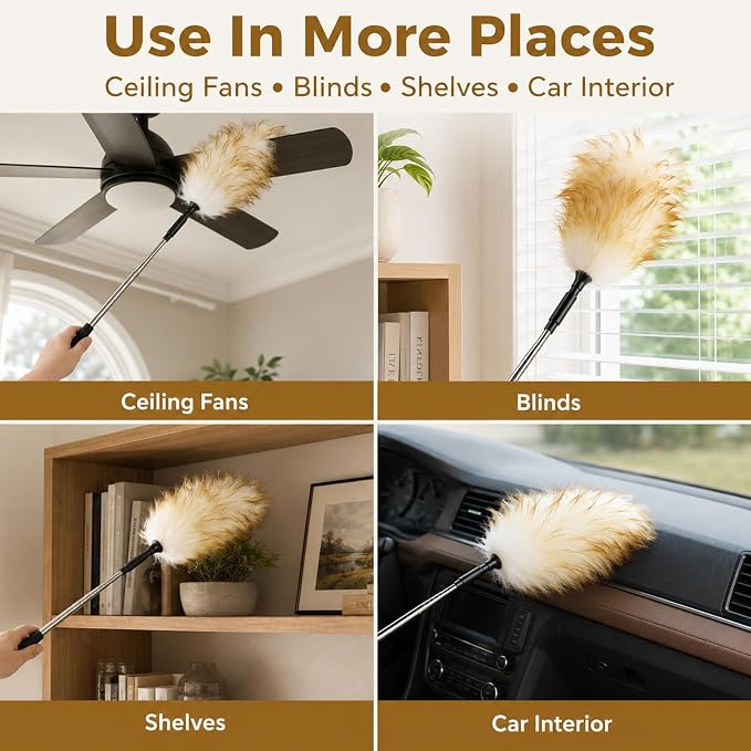 Lambswool Extendable Cleaning Duster 26-54 Inch, Stainless Steel Pole, Soft Non-Slip Handle, Washable & Reusable for High Ceiling Fans, Blinds, Furniture - Yellow & White