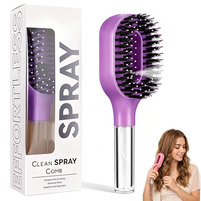 2-in-1 Misting Hair Brush with Built-In Water Spray, Lightweight Anti-Static Mist Comb for Wet & Dry Hair, Smoothing Mist Brush with Fine Continuous Spray for Straight, Curly & Thick Hair (Purple)