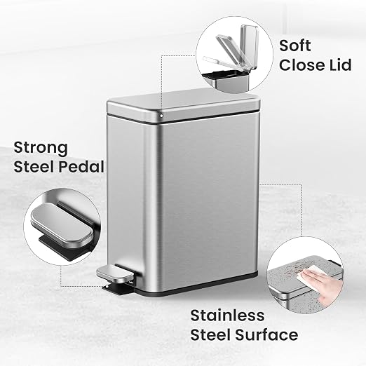 Cesun 2.6 Gallons Small Bathroom Trash Can with Lid Soft Close, Silver | Removable Inner Bucket, Small Stainless Steel Garbage Can for Bedroom/Office, Hands-Free Step Pedal, Fingerprint-Resistant