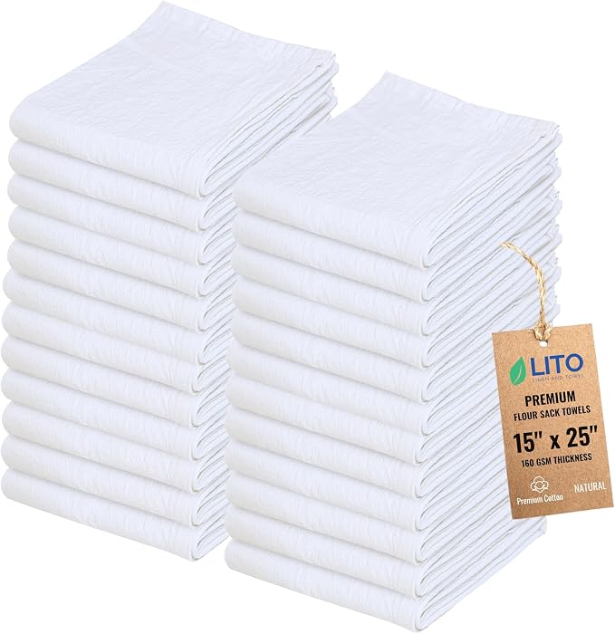 Flour Sack Towels – 24 Pack Cotton Kitchen Dish Towel, Tea Towels for Crafts, Embroidery, Baking, Bread Proofing – Thick, Absorbent, Quick-Dry – 15"x25" Natural
