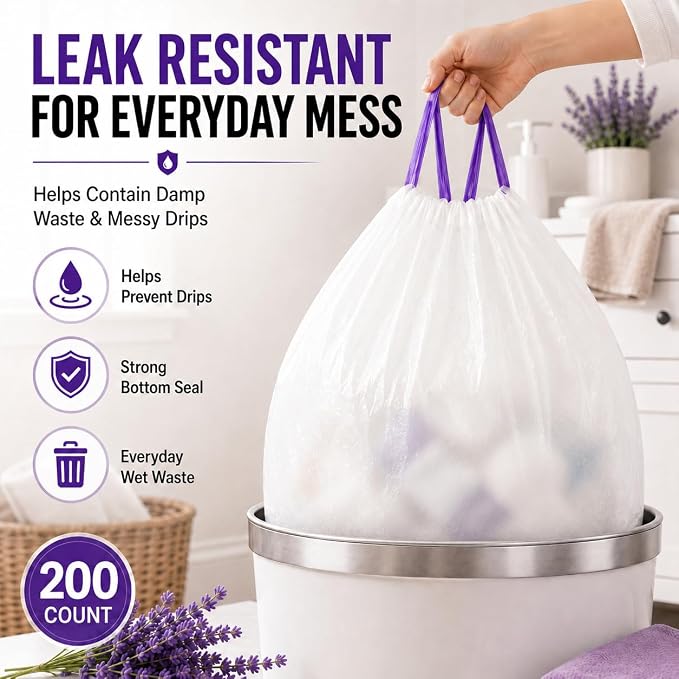 4 Gallon Trash Bags, 200 Count, Lavender Scented Drawstring Bags | White Small Garbage Bags for Bathroom, Bedroom, Office and Wastebaskets, Bulk Value Pack for Small 4 Gallon Trash Cans