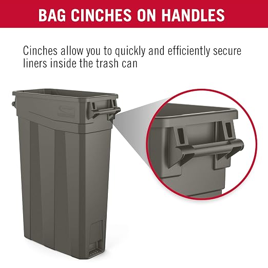 Suncast 23 Gal, Commercial Narrow Trash Can with Handles, Gray, Made in USA