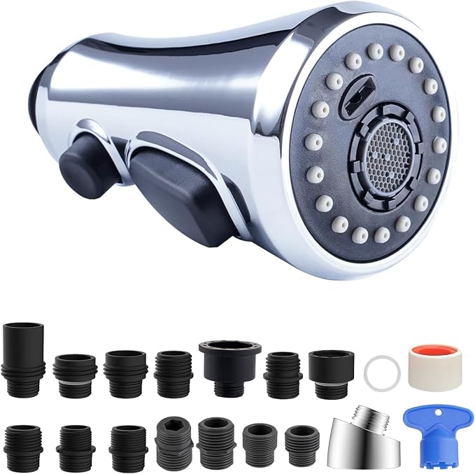 Hibbent Pull Down Spray Head for Kitchen Faucet, 3-Function Spray Nozzle | NSF/ANSI/CAN 61/372 & cUPC Certified Sink Faucet Head Replacement, 15 Adapters, Compatible with Moen, Delta, Kohler, Chrome