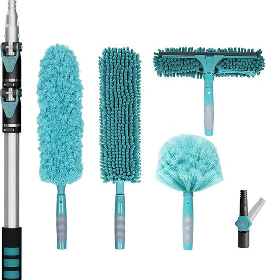 TelesPro 20 Foot High Reach Duster Kit with 5-12FT Extension Pole High Ceiling Dusting and Window Cleaning Kit with Telescopic Pole Window Washer&Squeegee,Cobweb Duster,Fan Duster and Feather Duster