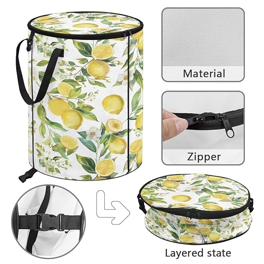 Lemon 24Gal Collapsible Trash Can w/Lid & Sorting Clips - Waterproof Pop-Up Bin for Camping Backyard | Heavy Duty Garden Waste Bag, Flodable Easy to Store (18x18x23 inch)