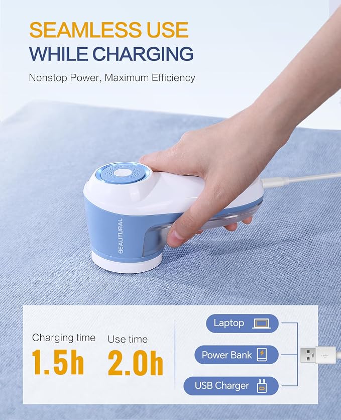 BEAUTURAL Fabric Shaver and Lint Remover, Rechargeable Sweater Defuzzer | 6-Leaf Blades, Electric Clothes Shavers to Trim Fuzz and Pills, Remove Pilling for Clothing, Furniture, Couch, Blanket