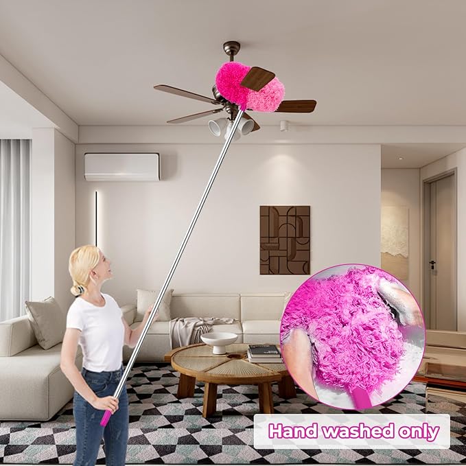 CALBEAU Pink Ceiling Fan Cleaner Duster, Ceiling Fan Duster Kit, 13PCS | Duster Kit with 60-inch Extension Pole, Storage Bag, Dusters for Cleaning High Ceilings Fan Blades