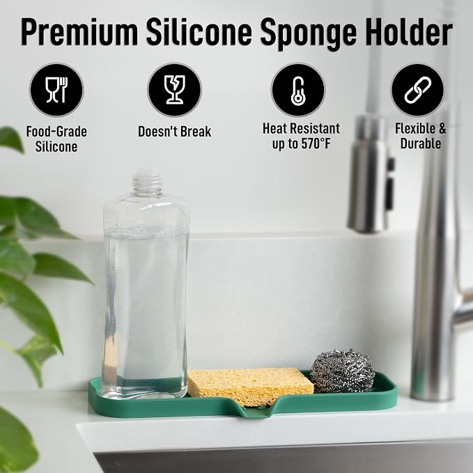 Zulay Kitchen Large Silicone Sponge Holder (12x4) – Flexible Sink Organizer Tray for Kitchen & Bathroom – Multipurpose Soap Dish for Sponges, Makeup, Trinkets & More (Pine Green)