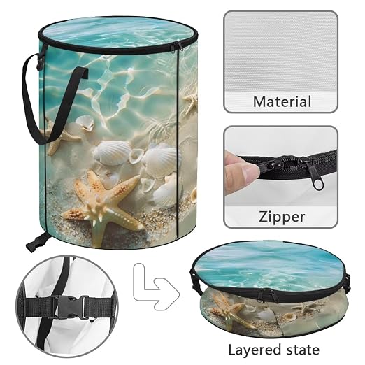 Beach Starfish Shell Pop up Outdoor Garbage Can 24 Gallon Collapsible Camping Trash Can with Zipper Lid Reusable Heavy-Duty Polyester Trash Bin for Campsites Boat Backyard Parties