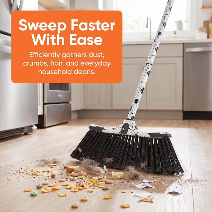 Superio Design Broom, Fancy Black and White Angle Broom, Cute Splash Design Kitchen Broom with Safety Bumper, 48" Indoor and Outdoor Sweeping Tool 2-Pack