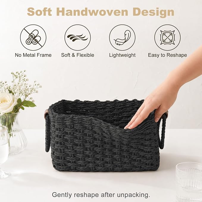 Paper Rope Storage Baskets Set of 3, Handwoven Decorative Wicker Organizer Bins with Handles for Shelves, Bathroom, Closet & Pantry, Soft Woven Nesting Storage Basket Set (Black)