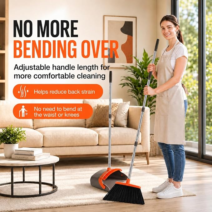 Broom and Dustpan Set, Upgraded Broom with Dustpan Combo Set with 56" Tall Adjustable Handle, Self-Cleaning Teeth, Upright Standing Dust Pan for Heavy Duty Indoor Outdoor Cleaning and Pet Hair