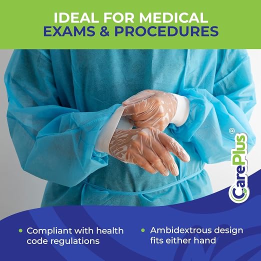 CARE PLUS Pro Vinyl Gloves Clear Large, Latex & Powder Free, 100 Count | Exam grade protection for food prep, hair coloring, salons & housekeeping; ambidextrous, tear resistant, comfortable fit