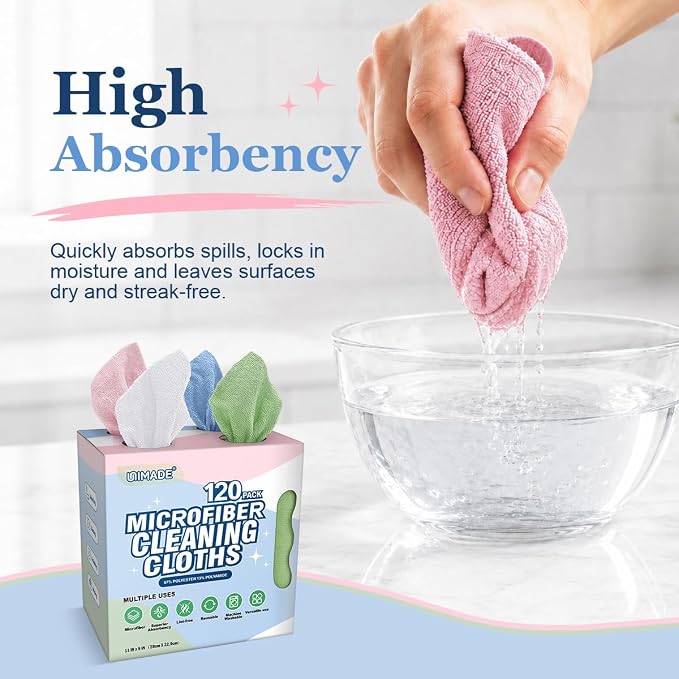 Microfiber Cleaning Cloth, 120 Pack Microfiber Towels for Cars | Reusable Paper Towels Lint Free Shop Rags with for Home Kitchen Automotive, 11"x 9", White & Green & Blue & Pink