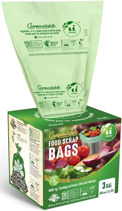 UNNI 3 Gallon Compost Bags for Countertop Bin, 600 CT, Extra Thick 0.71 Mil | Compostable Bags for Kitchen Food Scraps, Small Bin Liners, 6 Packs of 100, Certified by BPI, CMA & OK compost HOME