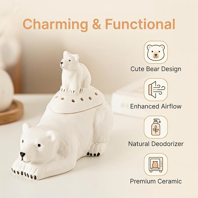 dgudgu Ceramic Bear Baking Soda Holder Deodorizer Fridge Odor Absorber | Cute ceramic mama and baby polar bear baking soda odor absorber container for fresh refrigerators and closets.
