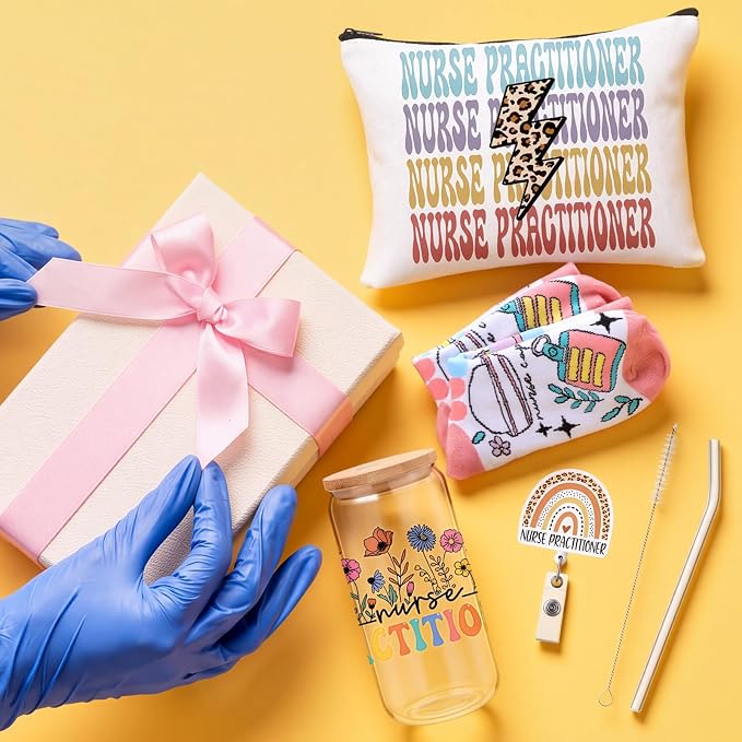 Skylety 5 Pcs Nurse Practitioner Week Gifts for Women Nurse Practitioner Appreciation Gift Glass Cup Sock Cosmetic Bag Badge Holder Thank You NP Gift Box for Nursing Students Graduation Birthday Gifts