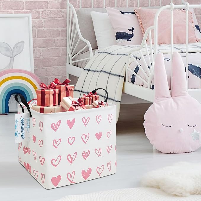 Square Storage Baskets Children Shelves Gift Toy Organizer Room Pink Heart | Laundry Hamper Collapse Canvas with Handles for Organizing Home Kitchen Children Toys Office Closet Shelf