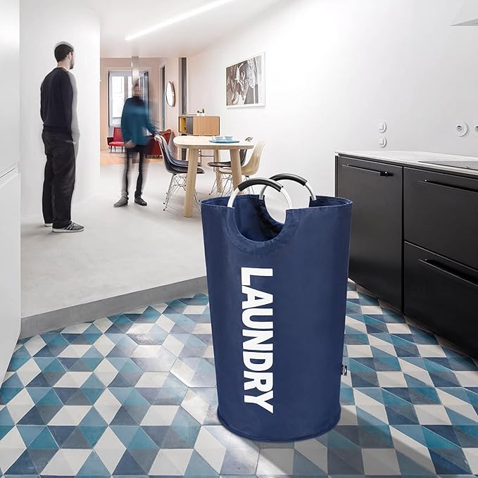 DOKEHOM 90L Large Laundry Basket Bag, Collapsible Tall Hamper, Dark Blue | Freestanding tall washing bin & foldable laundry bag. High-capacity clothes storage basket with durable sturdy handles