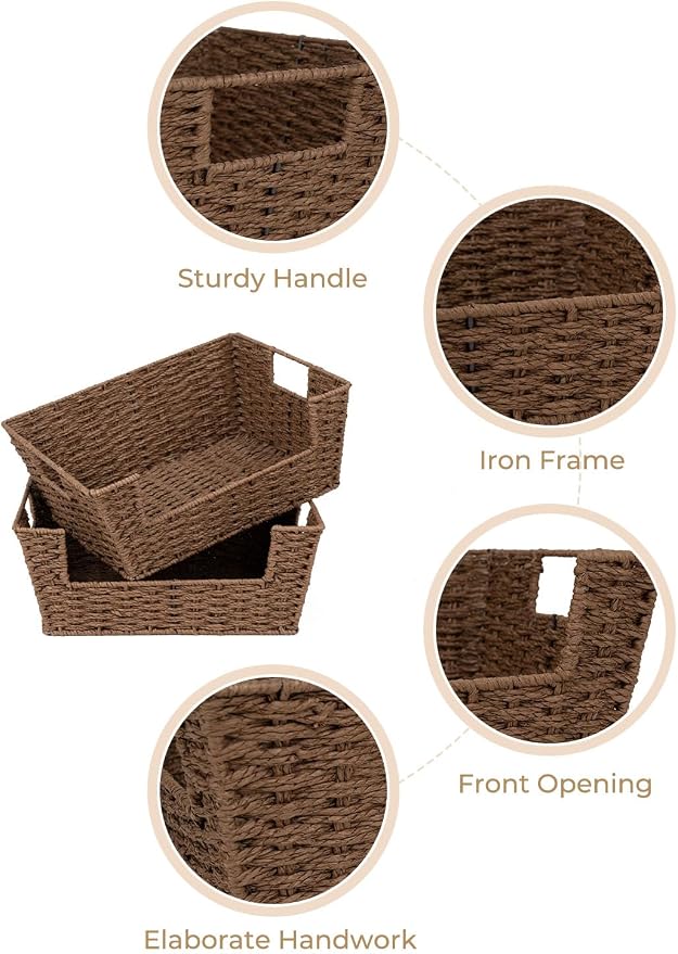 StorageWorks Pantry Baskets for Shelves, Wicker Baskets, Brown Paper Rope | Pantry Baskets for Patato and Onion Storage, Stackable Wicker Basket Organizer for Shelf, Woven Basket for Storage, 2-Pack