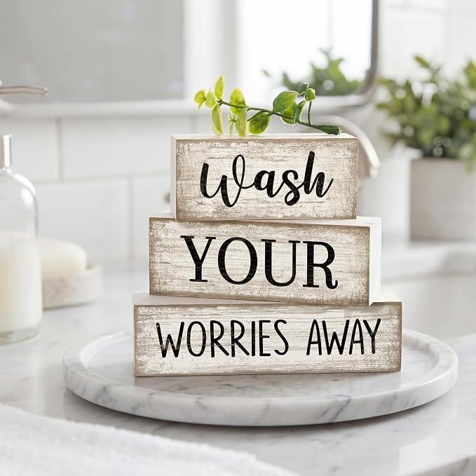 Moucuny 3 Pcs Laundry Room Decor Wood Block Signs Wash Your Worries Away