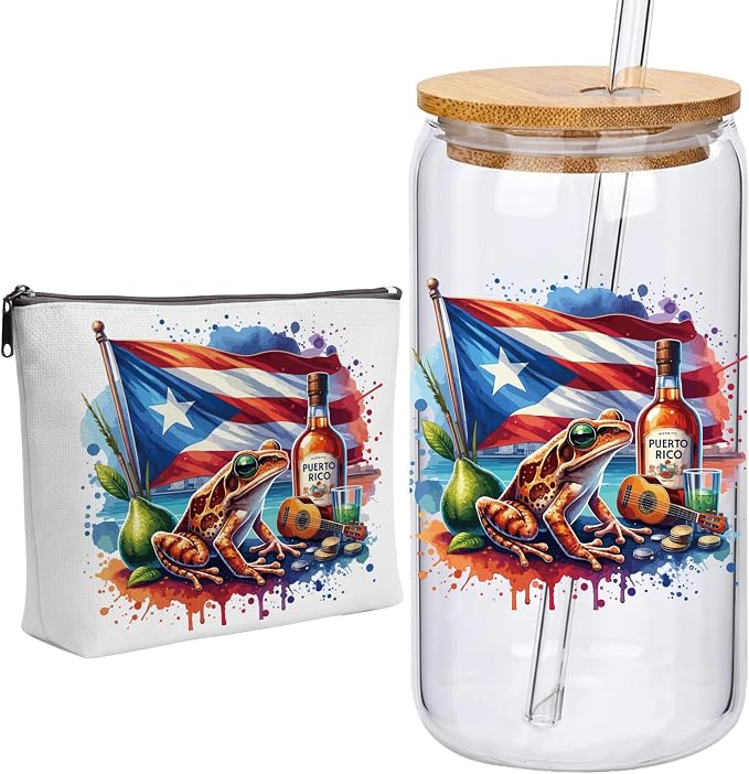 Puerto Rico Gifts, 16oz Glass Cup and Cosmetic Bag Set | Puerto Rico-Inspired Glass Cup With Bamboo Lid, Straw and Matching Cosmetic Bag for Iced Drinks, Travel and Everyday Gifts