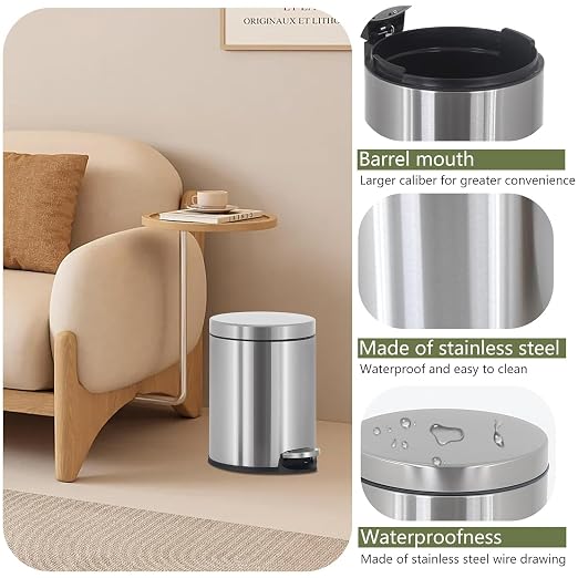 Trash Can, Mini Stainless Steel 6 Liter/1.6 Gallon Bathroom Trash Can Step Garbage Can Round Trash can with Lid w/Removable Inner Bucket Waste Basket for Bathroom Kitchen Office