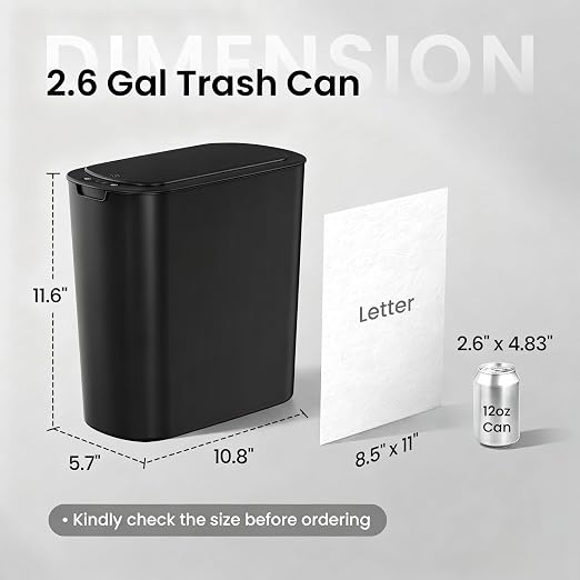 Cesun Automatic Small Bathroom Trash Can with Lid, 2.6 Gallon, Black | Motion Sensor, Plastic, Touchless, Odor Control, Smart Garbage Can, Battery Operated, Manual Button, for Office/RV/Bedroom