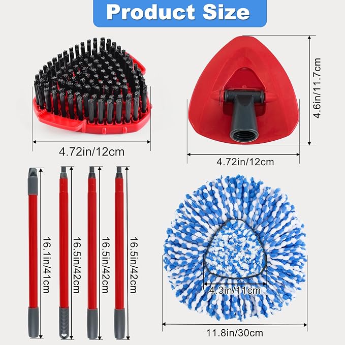 Spin Mop Handle Replacement for Ocedar, Mop Heads Replacements Compatible with RinseClean 2 Tank System, Include 2 Microfiber Spin Mop Replace Heads,4 Section Iron Mop Handle,1 Base and 1 Scrub Brush
