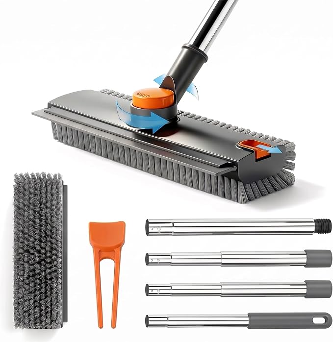 3-in-1 Floor Scrub Brush with Long Handle, Floor Scrubber with Squeegee Tweezers, Adjustable Heavy-Duty Stiff Bristle Cleaning Brush for Tile, Bathroom, Shower, Garage, Patio, Deck(Dark Grey)