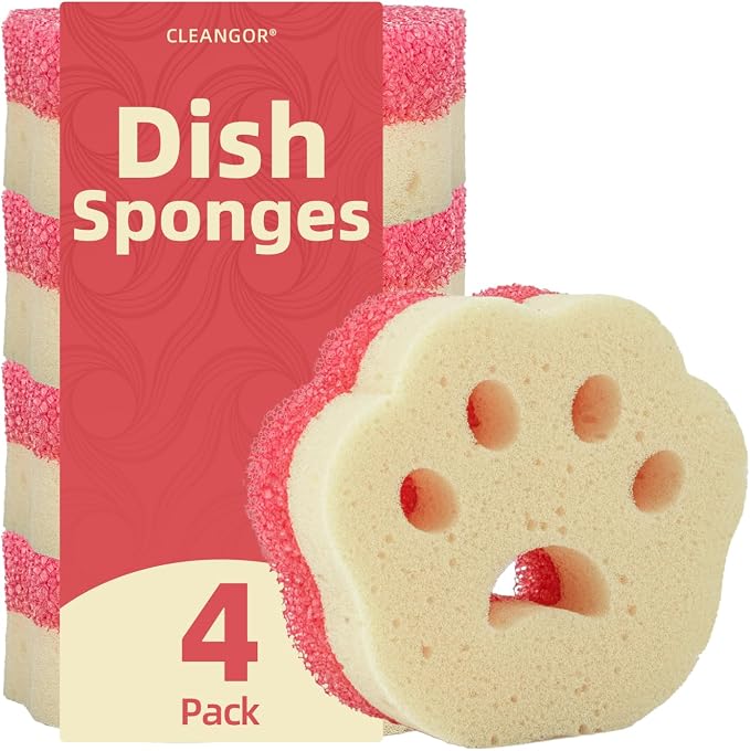 CLEANGOR 4pcs Scrub Sponges, Dual-Sided Temperature-Controlled Dish Sponges | Scratch-Free, Easy to Clean, Kitchen Cleaning Sponges for Tough Stains, Delicate Surfaces, Glassware, Cookware, Appliances