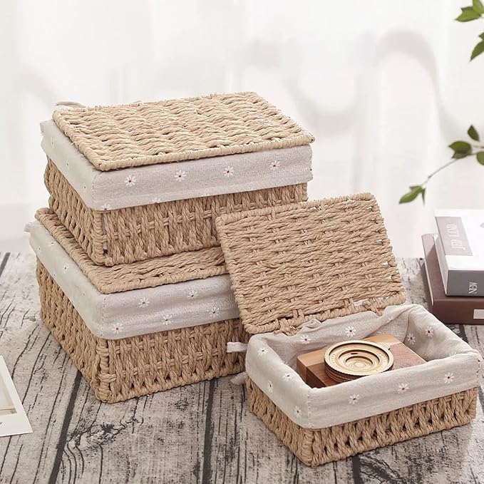 GIB Small Wicker Storage Baskets with Lid/Liner Woven Cute Decorative Boxes | Boho Paper Rope Baskets for Shelves Table Desktop Organizing, Bathrooom Makeup Organizer Storage Bins Container, Set of 3
