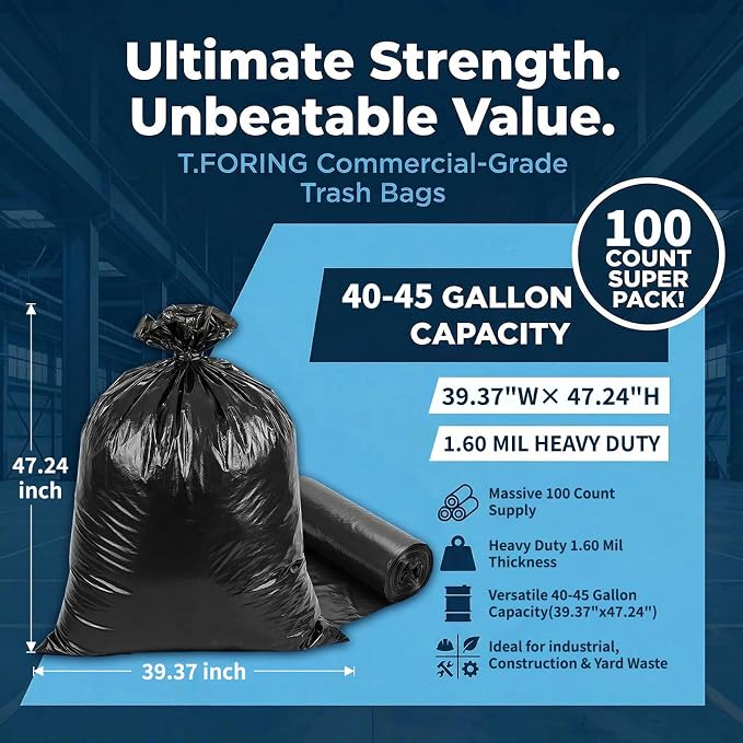 40-45 Gallon Trash Bags Heavy Duty,1.6 Mil,39'' x 47'',100 Count | Large 40+ Gal Black Garbage Bag Unscented,Strong,Fit 150 - 168 Liter Bins,for Construction Industrial Yard Outdoor Commercial