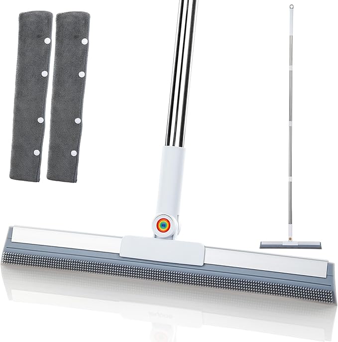 Magic Squeegee Broom for Floors, 62 in Handle, Rubber Pet Hair Remover | Works on tile, concrete, carpet and windows; includes 2 microfiber pads for wet and dry cleaning