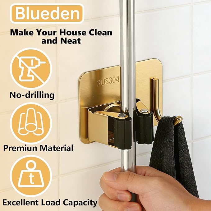 Mop and Broom Organizer Wall Hanging No Drill,Metal Utility Tool Hangers Wall Mountable,Garage Closet Organizer Heavy,Storage Rack Self Adhesive 2Pcs for Bathroom, Kitchen, Office,Laundry.Gold